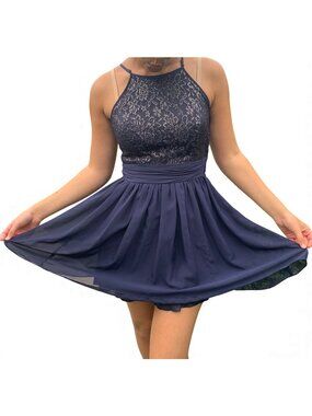 B. Darlin Navy Lace Halter Mini Dress  Fit & Flare Party Dress Sz 7/8